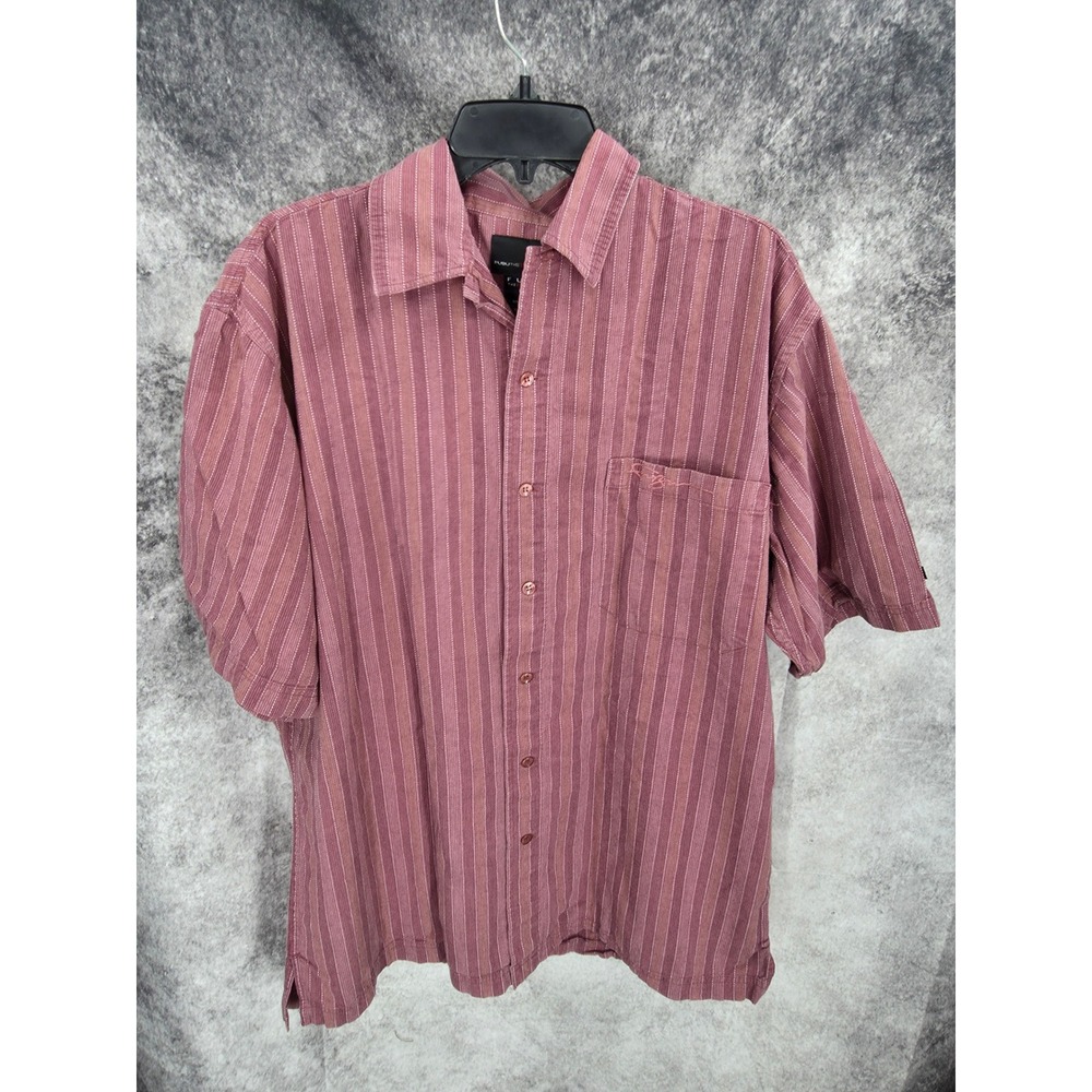 FUBU The Collection Shirt Mens 1X Burgundy Striped Button Up Short Sleeve Casual